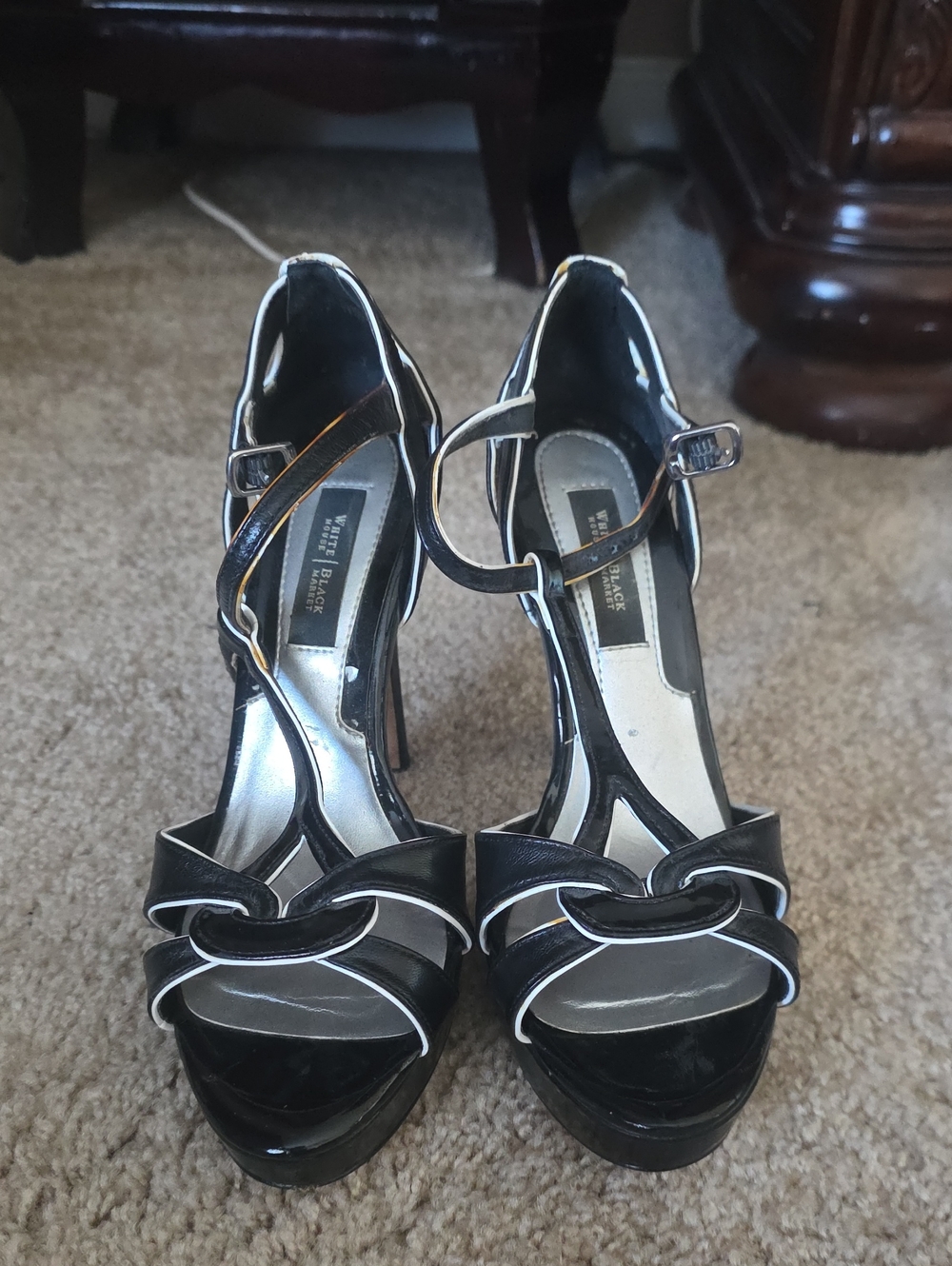White House Black Market Black Patent Strappy Platform Heels with White Trim